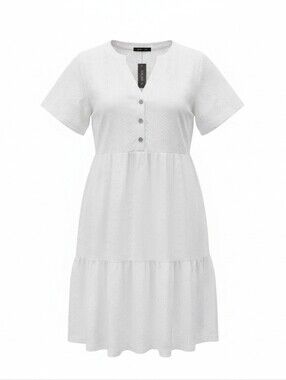Talisea White Solid Fit & Flare V-Neck Button Dress Short Sleeve Size XL